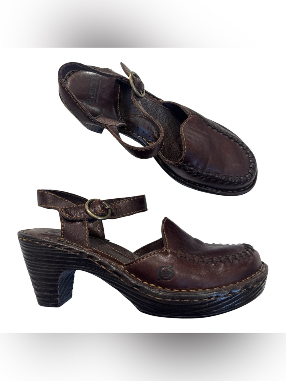 Born Brown Leather Chunky Clog Womens 7 Y2K Boho Casual Comfort Heels
